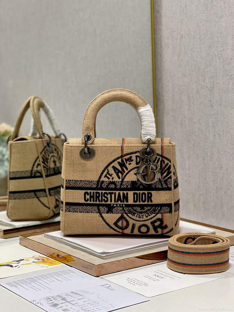 Dior M0565 Lady D-Life Medium Bag Beige Union Jute Fabric