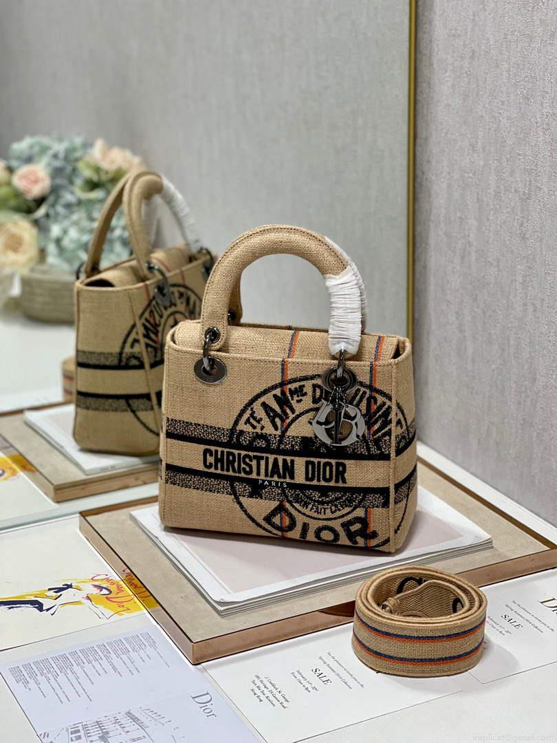 Dior M0565 Lady D-Life Medium Bag Beige Union Jute Fabric