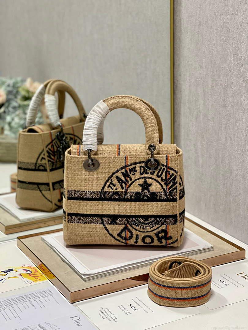 Dior M0565 Lady D-Life Medium Bag Beige Union Jute Fabric