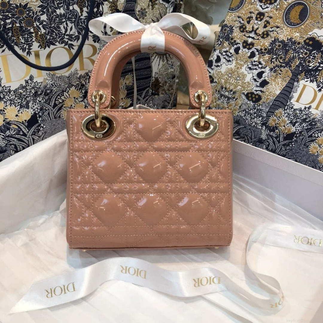 Dior M0505 Mini Lady Dior Bag Rose Des Vents Patent Cannage Calfskin