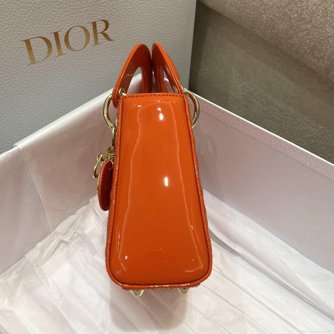 Dior M0505 Mini Lady Dior Bag Orange Red Patent Cannage Calfskin