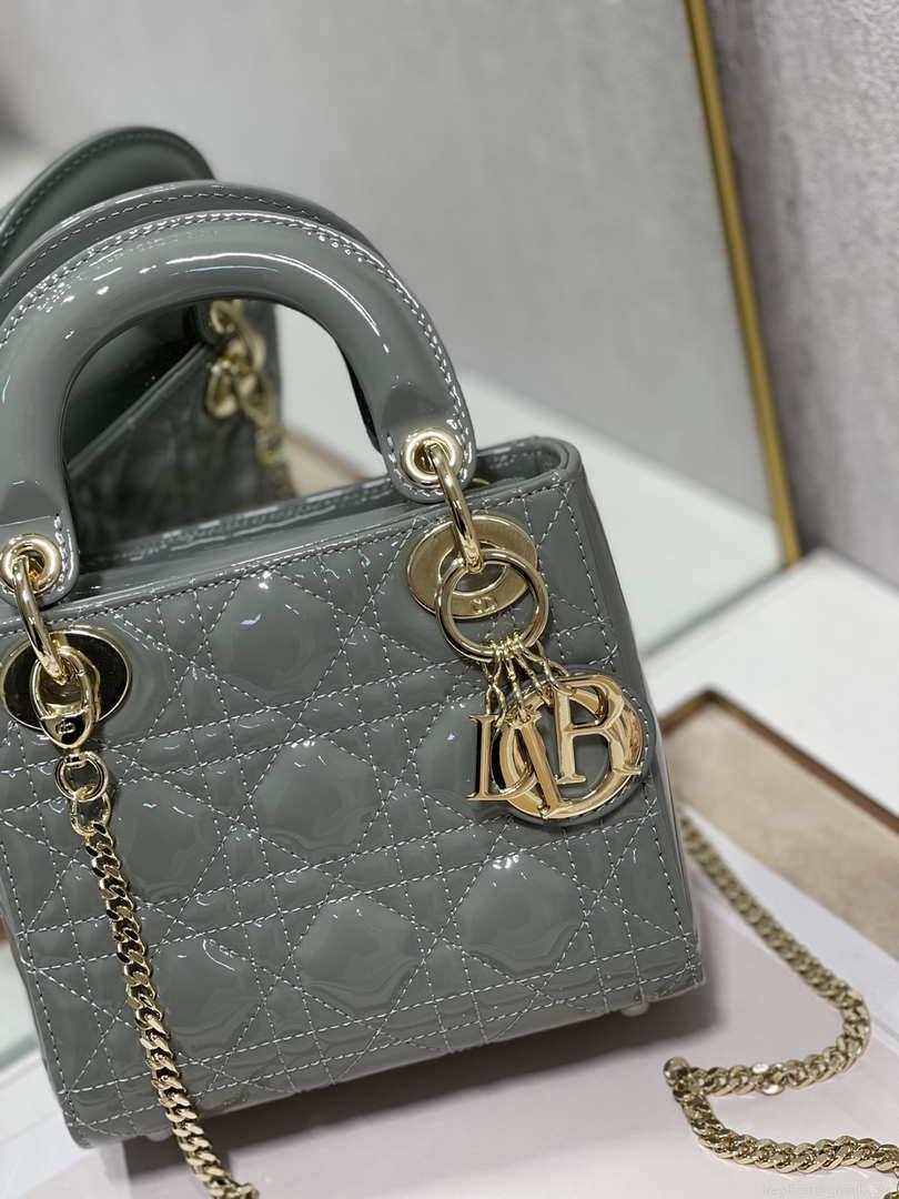 Dior M0505 Mini Lady Dior Bag Gray Patent Cannage Calfskin