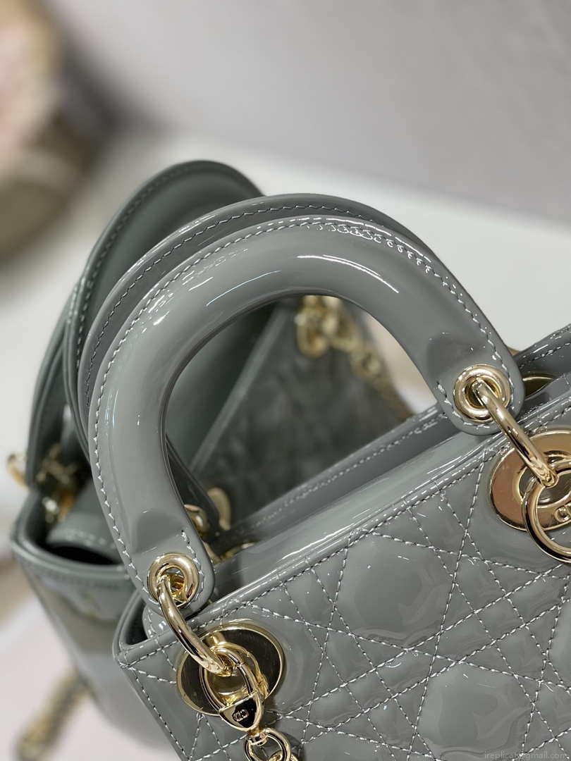 Dior M0505 Mini Lady Dior Bag Gray Patent Cannage Calfskin