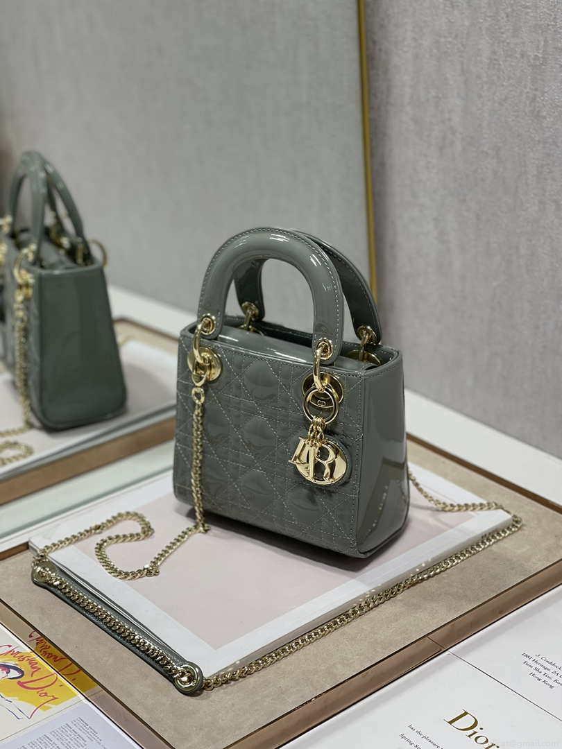 Dior M0505 Mini Lady Dior Bag Gray Patent Cannage Calfskin