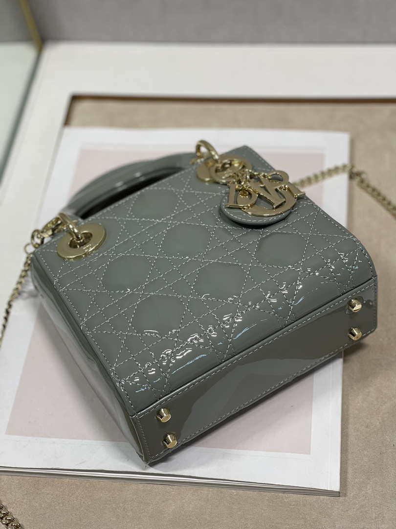 Dior M0505 Mini Lady Dior Bag Gray Patent Cannage Calfskin