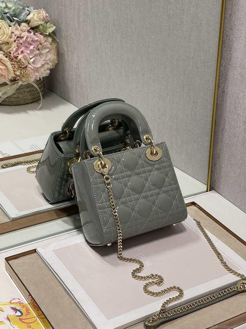 Dior M0505 Mini Lady Dior Bag Gray Patent Cannage Calfskin