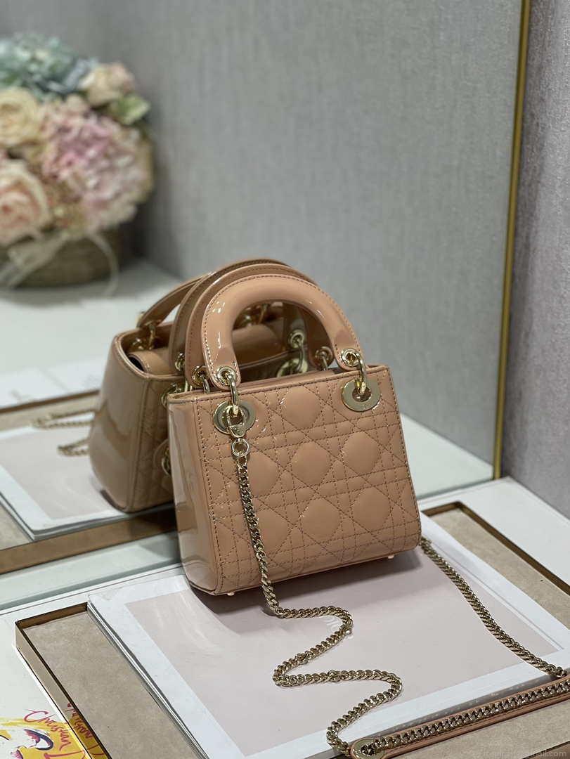 Dior M0505 Mini Lady Dior Bag Apricot Patent Cannage Calfskin