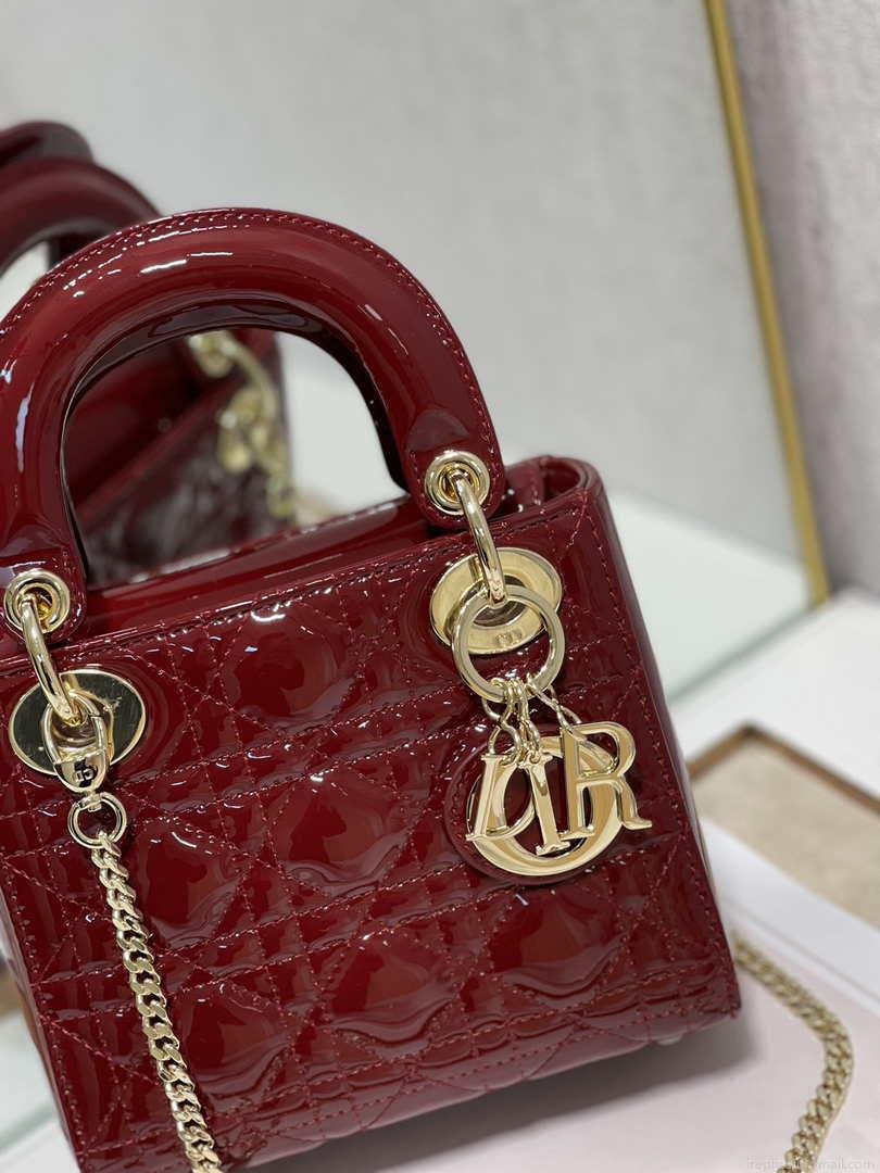 Dior Mini Lady Dior Bag M0505 Maroon Patent Cannage Calfskin