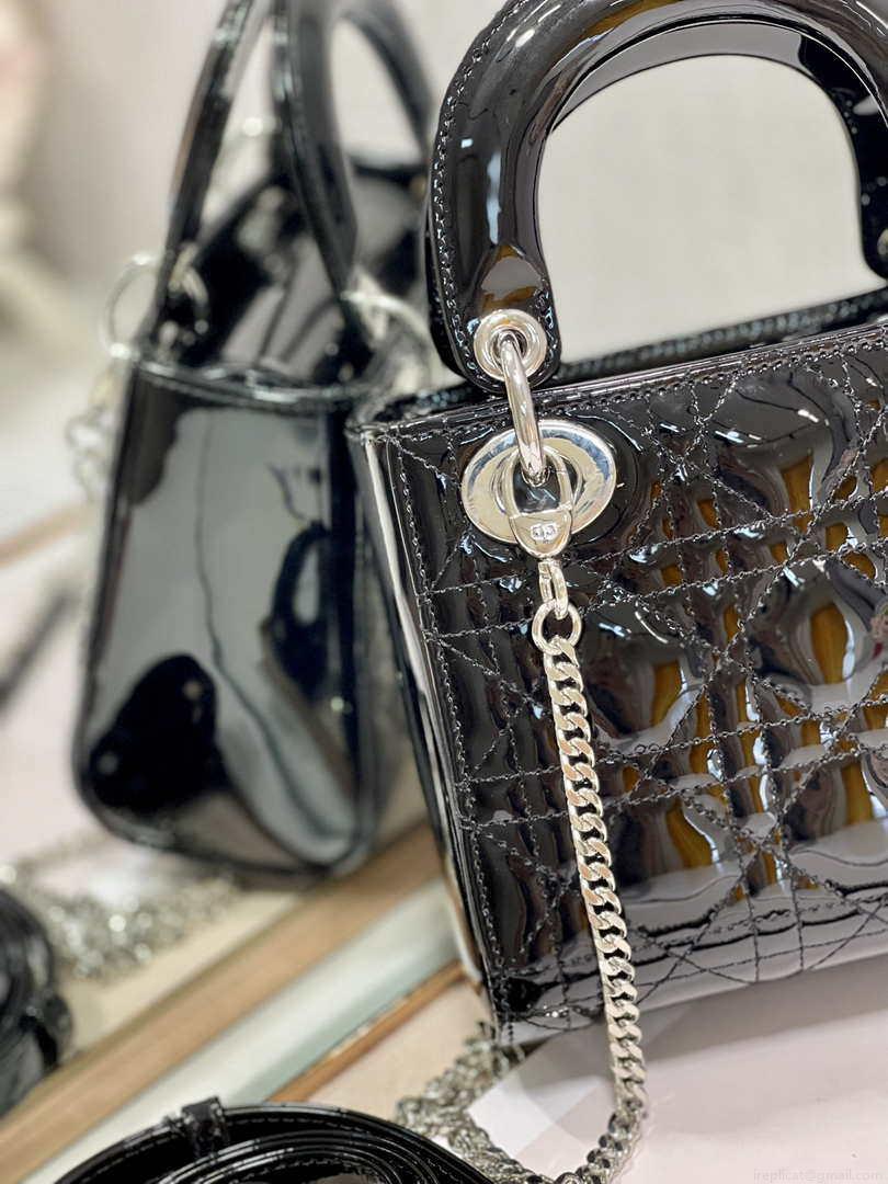 Dior Mini Lady Dior Bag M0505 Black Patent Cannage Calfskin Silver