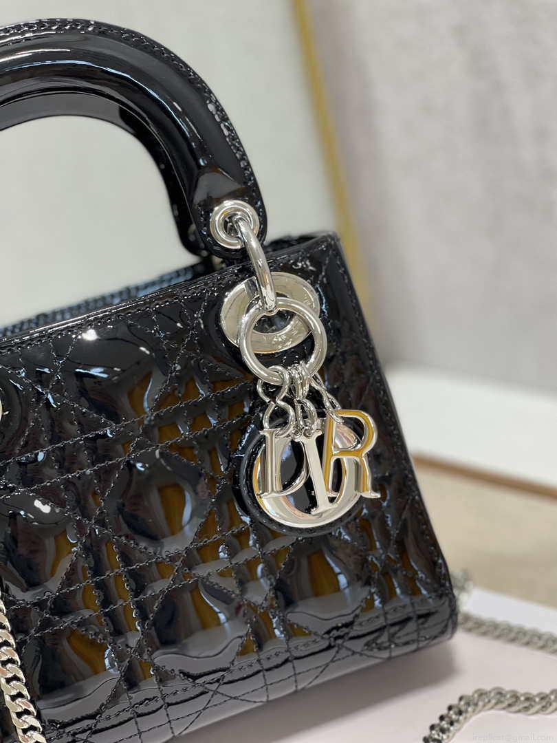Dior Mini Lady Dior Bag M0505 Black Patent Cannage Calfskin Silver