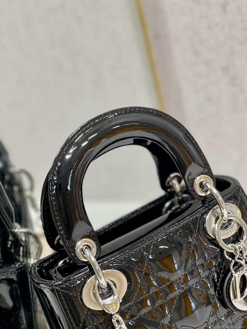 Dior Mini Lady Dior Bag M0505 Black Patent Cannage Calfskin Silver