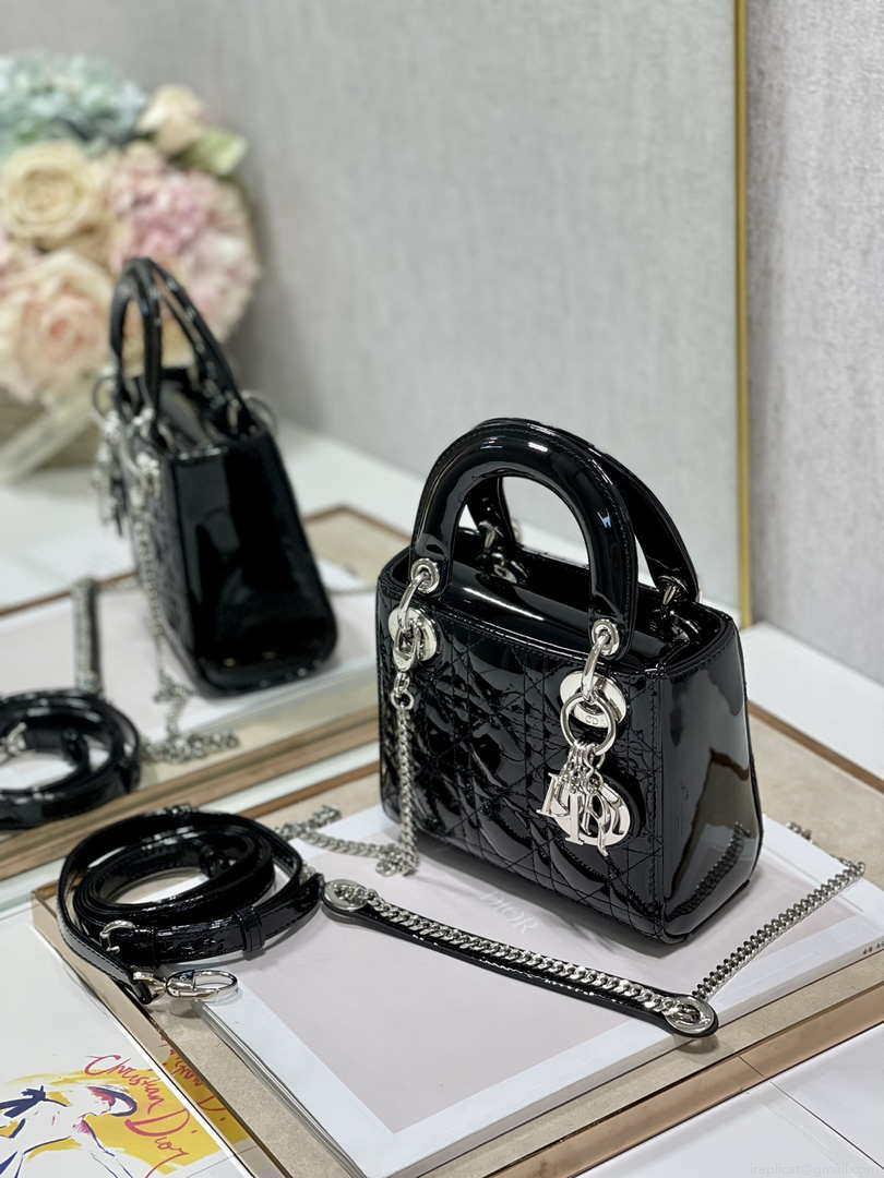 Dior Mini Lady Dior Bag M0505 Black Patent Cannage Calfskin Silver