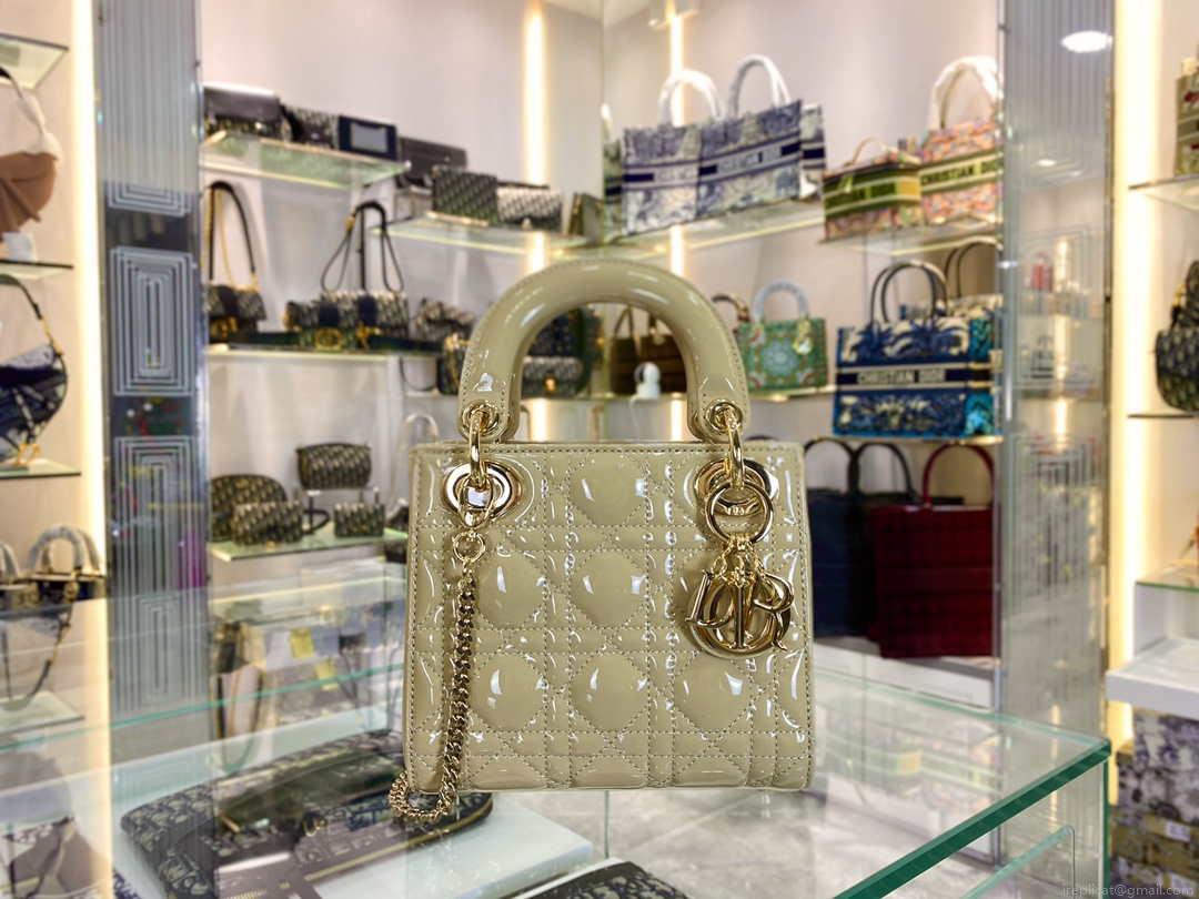 Dior M0505 Mini Lady Dior Bag Apricot Gold Patent Cannage Calfskin
