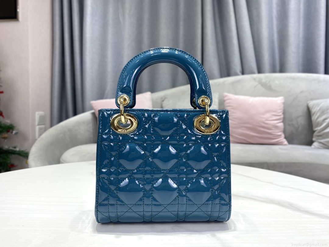 Dior M0505 Mini Lady Dior Bag Navy Blue Patent Cannage Calfskin