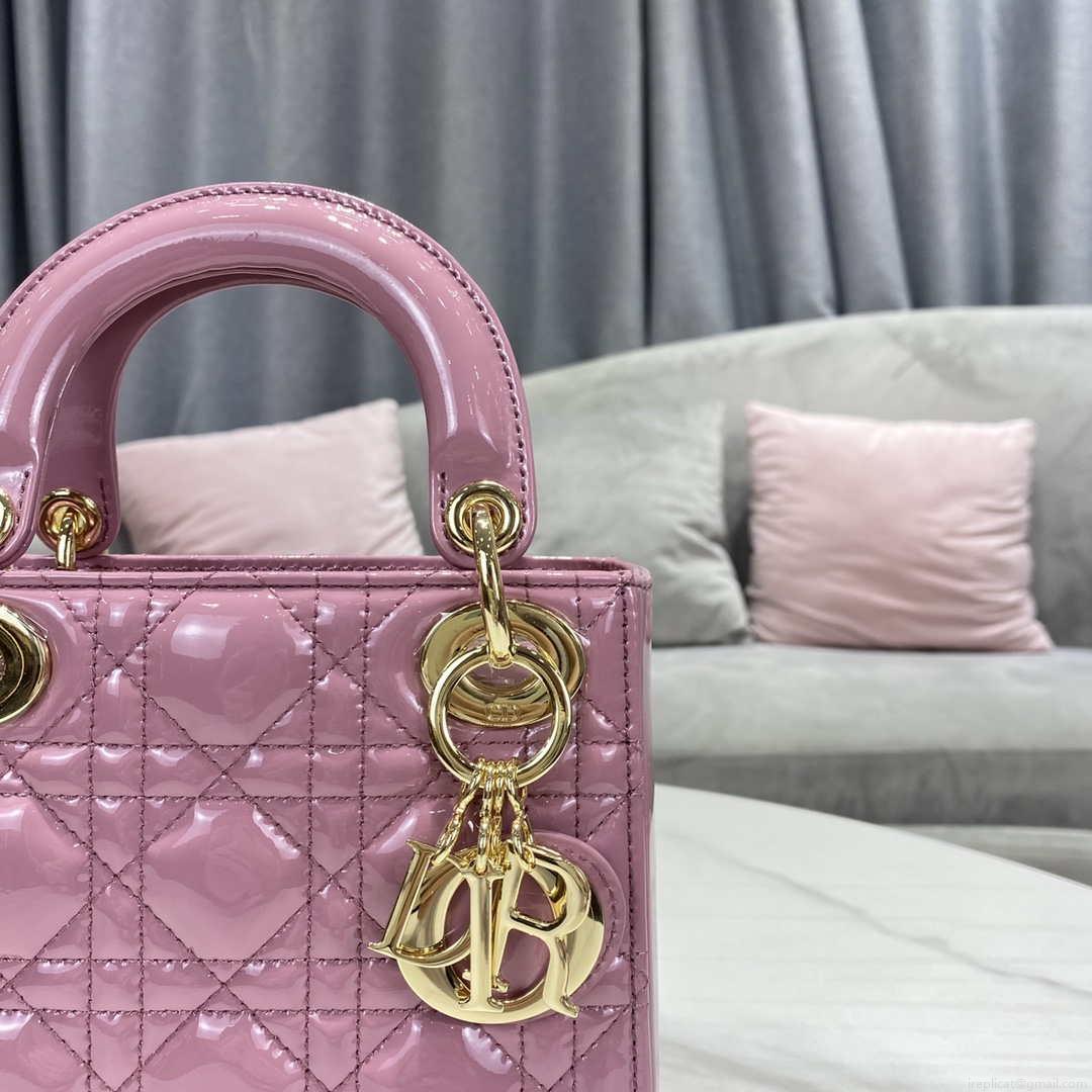 Dior M0505 Mini Lady Dior Bag Light Purple Pink Patent Cannage Calfskin
