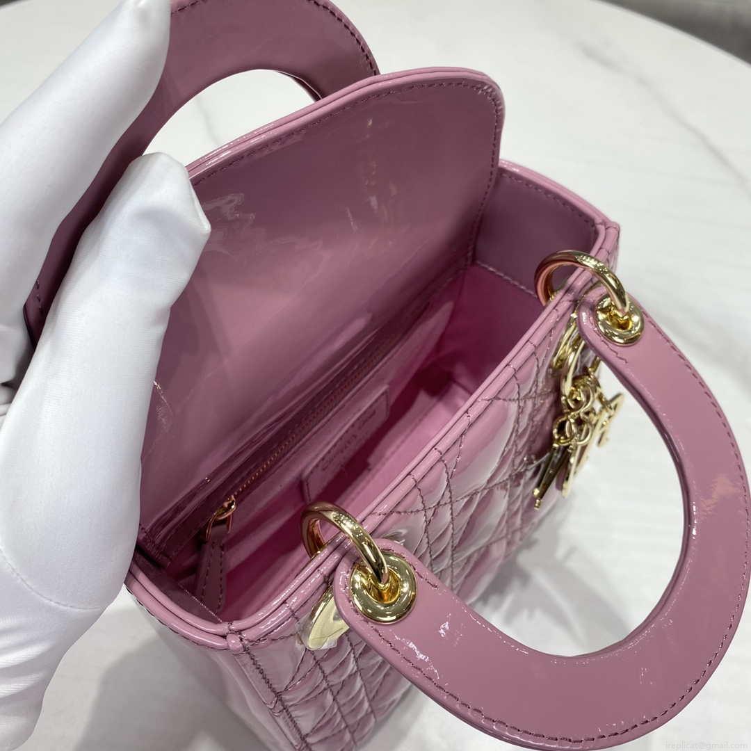Dior M0505 Mini Lady Dior Bag Light Purple Pink Patent Cannage Calfskin