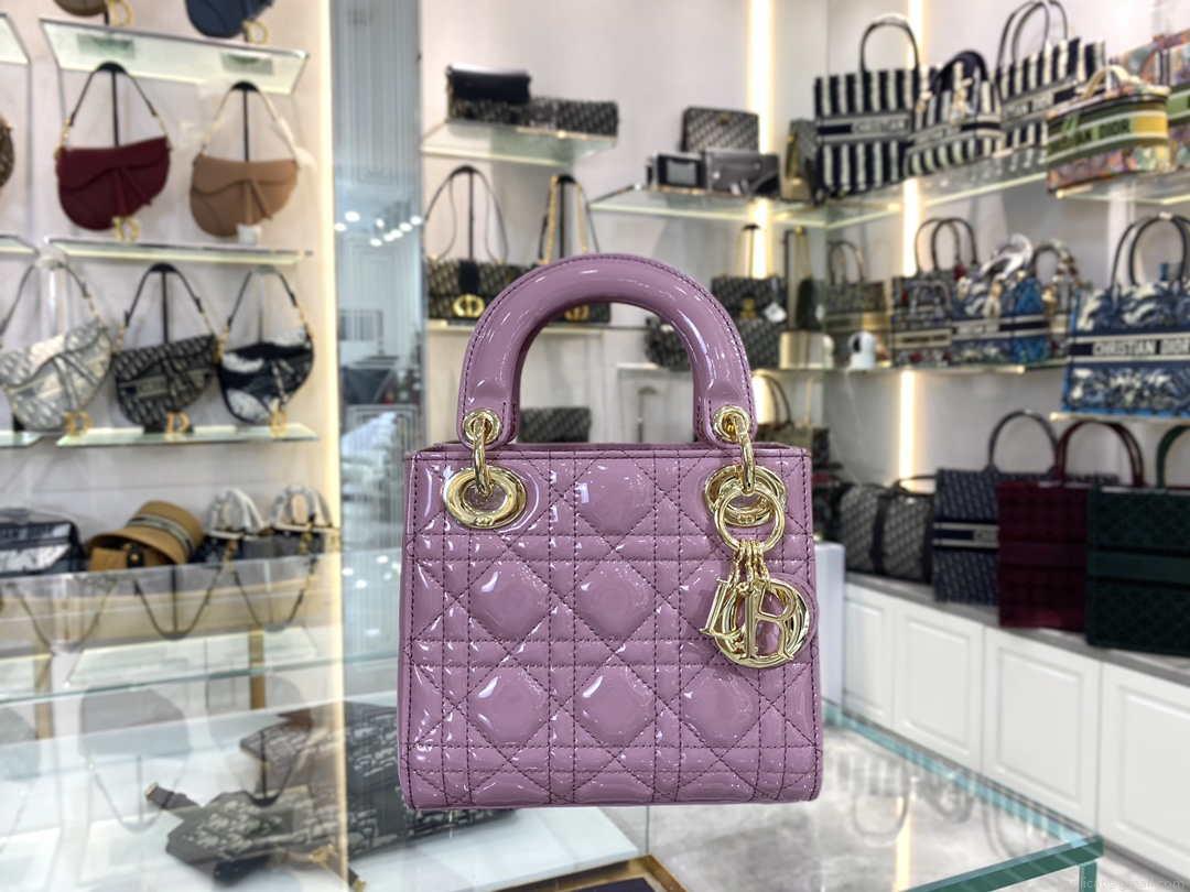Dior M0505 Mini Lady Dior Bag Light Purple Pink Patent Cannage Calfskin