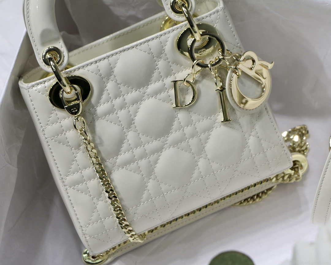 Dior M0505 Mini Lady Dior Bag White Patent Cannage Calfskin
