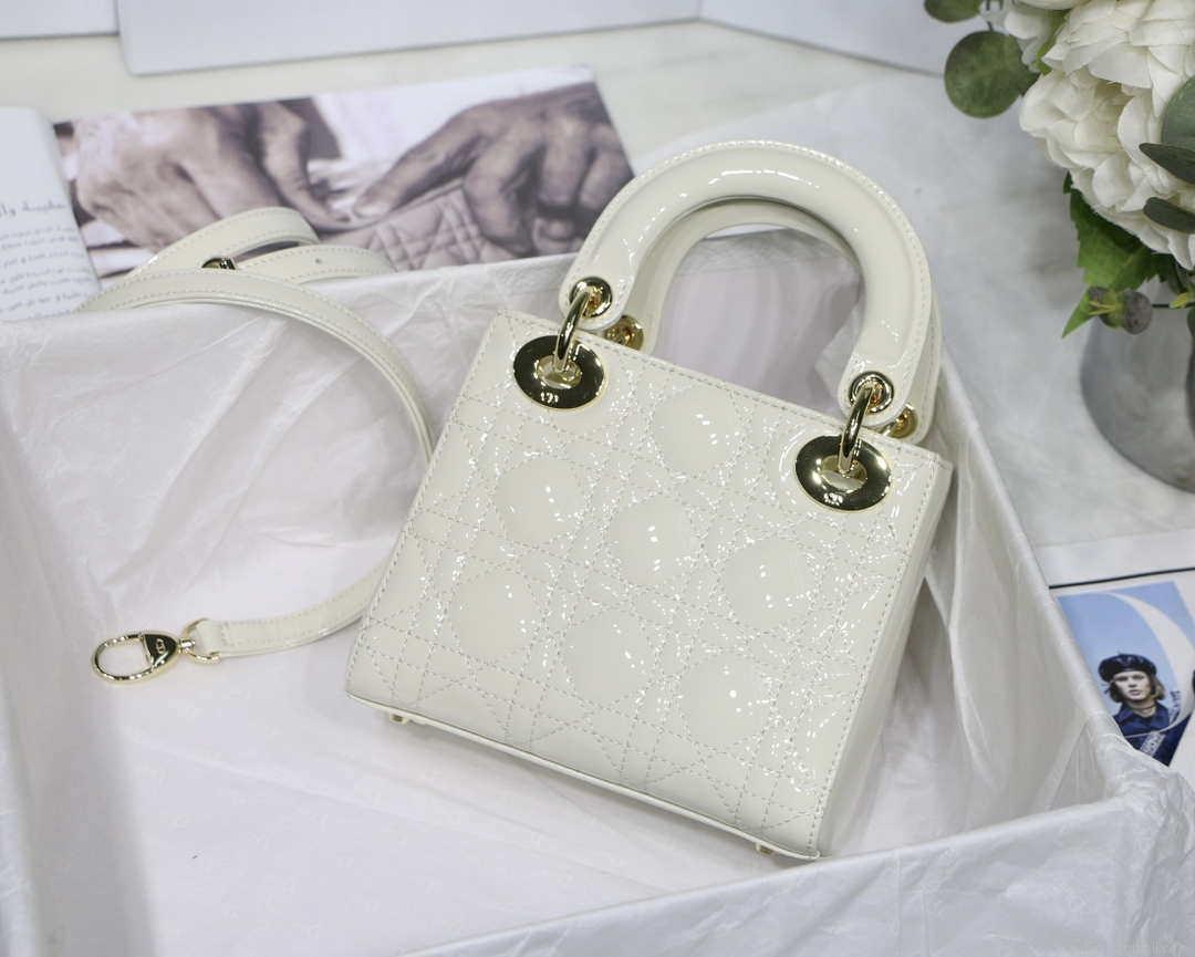 Dior M0505 Mini Lady Dior Bag White Patent Cannage Calfskin