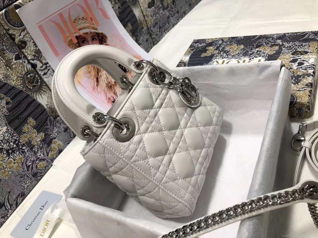 Dior M0505 Mini Dior Lady Bag White Cannage lambskin Sliver