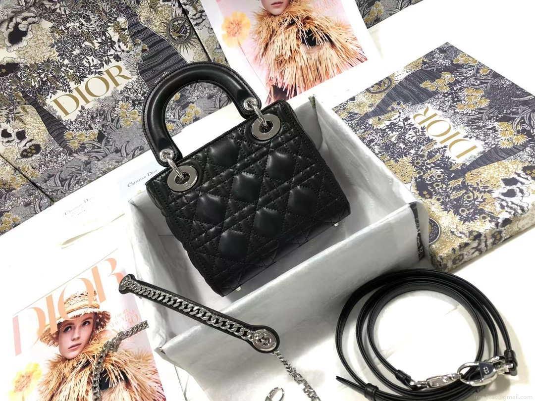 Dior M0505 Mini Dior Lady Bag Black Cannage lambskin Sliver