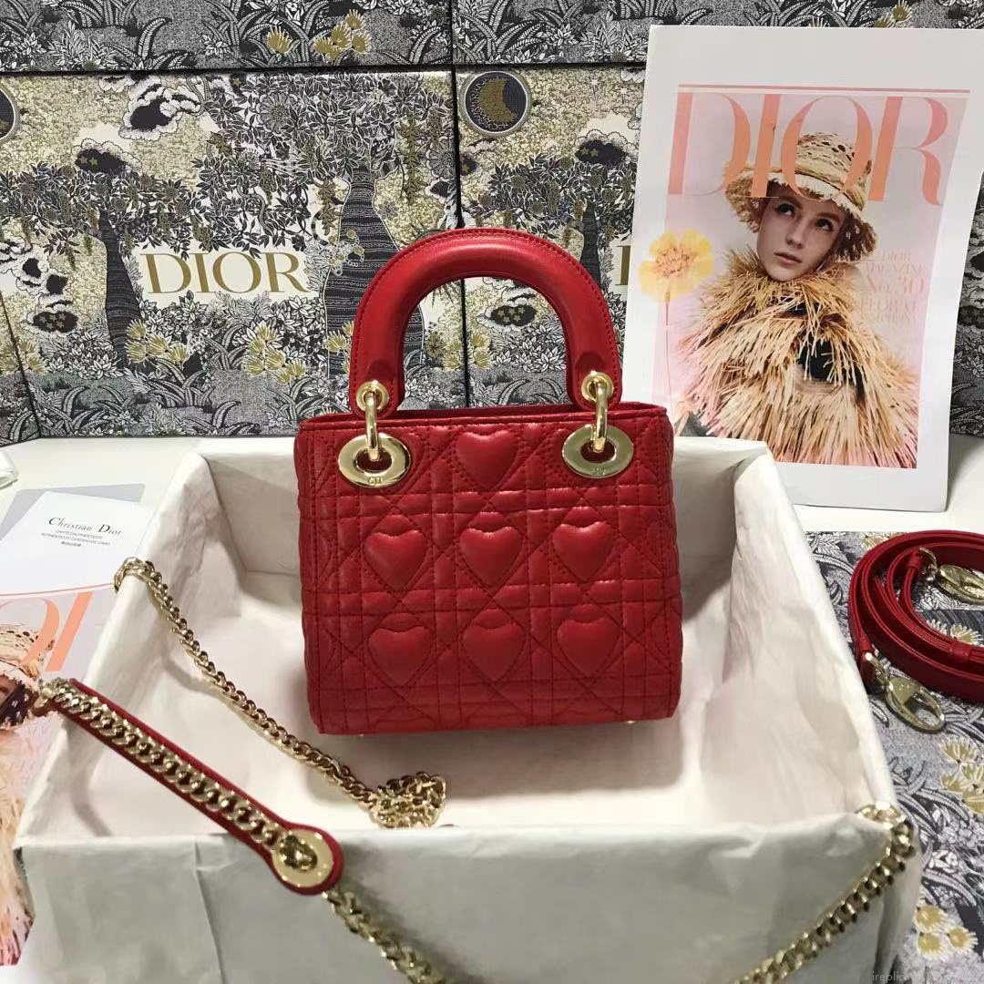 Dior M0505 Mini Dior Lady Bag Red Cannage lambskin Gold with Red Logo
