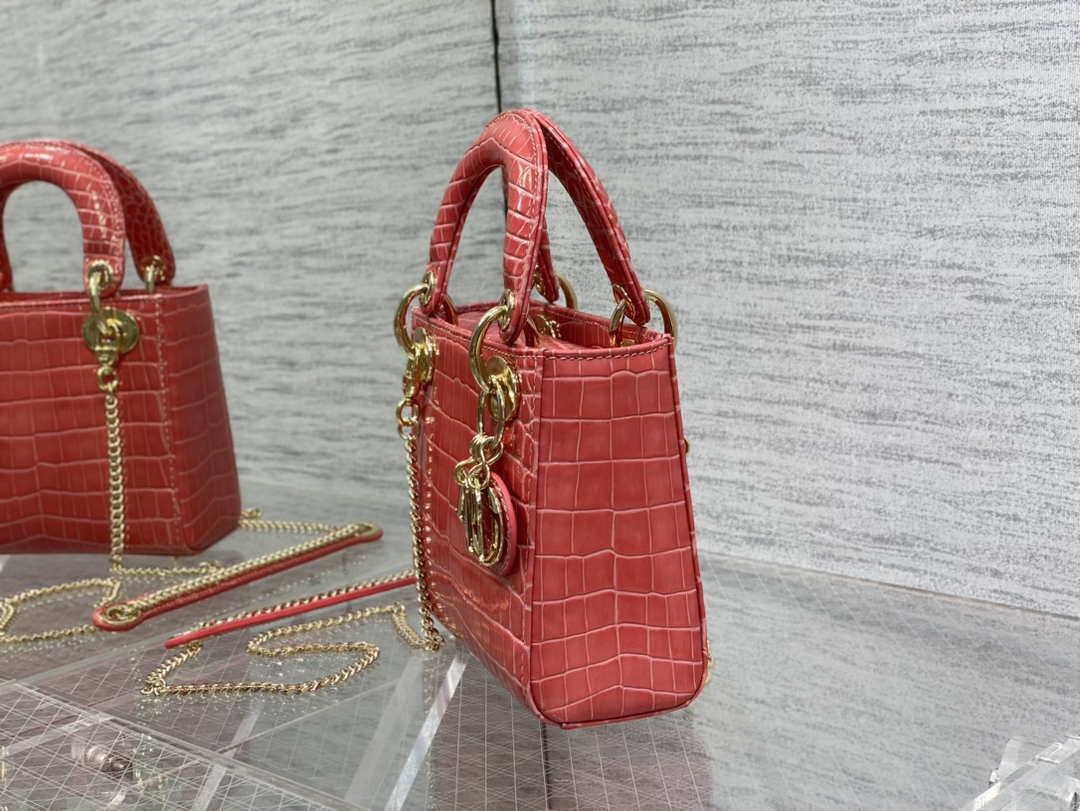 Dior M0505 Mini Dior Lady Bag Red Cannage Crocodile Gold