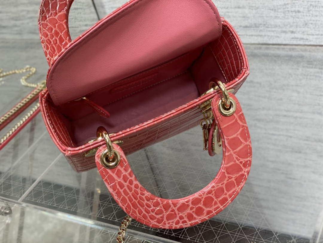 Dior M0505 Mini Dior Lady Bag Red Cannage Crocodile Gold