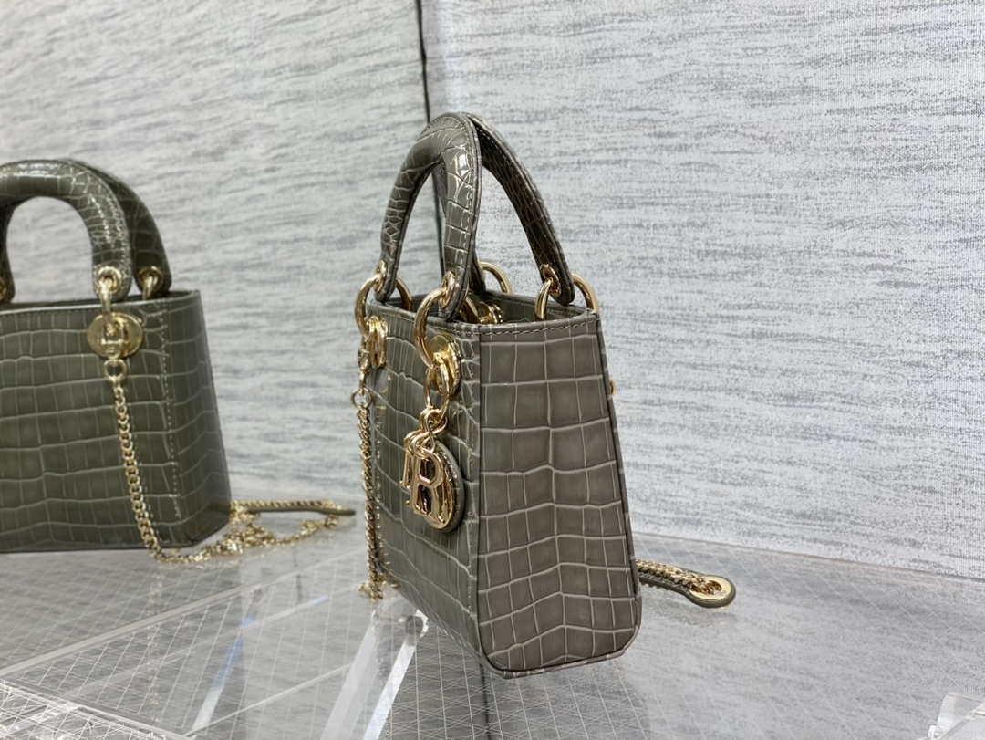 Dior M0505 Mini Dior Lady Bag Kaki Cannage Crocodile Gold
