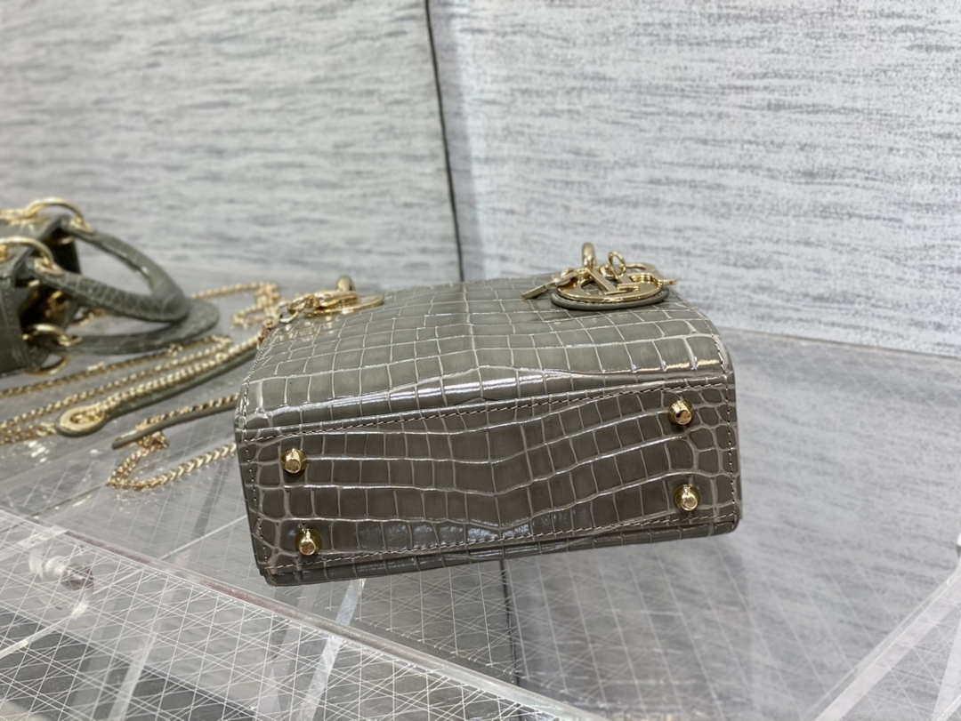 Dior M0505 Mini Dior Lady Bag Kaki Cannage Crocodile Gold