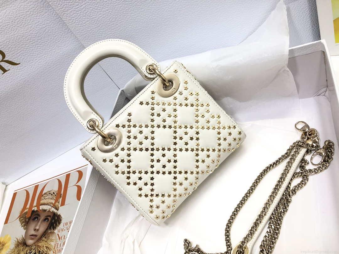 Dior M0505 Mini Dior Lady Bag White Metallic Cannage Lambskin with Beaded Embroidery