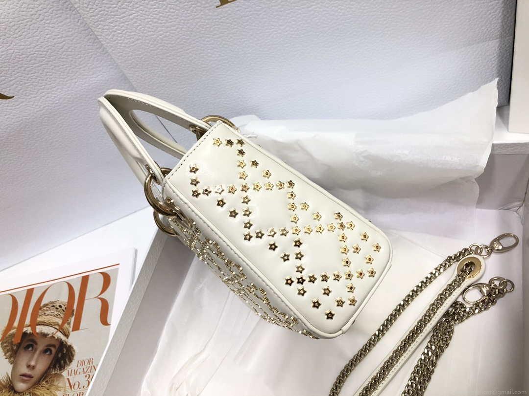 Dior M0505 Mini Dior Lady Bag White Metallic Cannage Lambskin with Beaded Embroidery