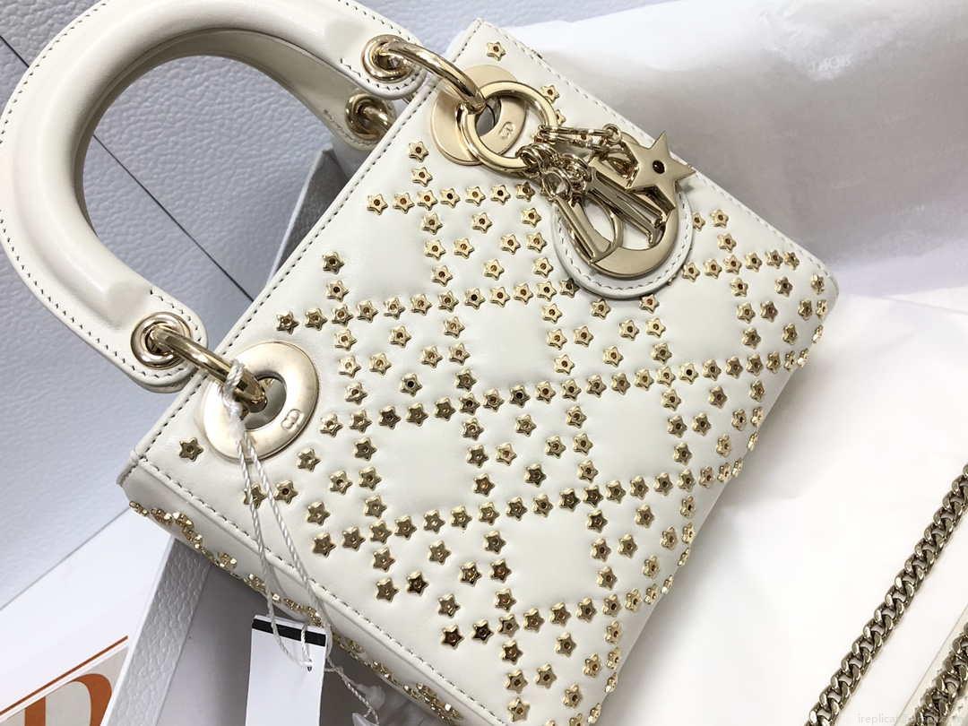 Dior M0505 Mini Dior Lady Bag White Metallic Cannage Lambskin with Beaded Embroidery