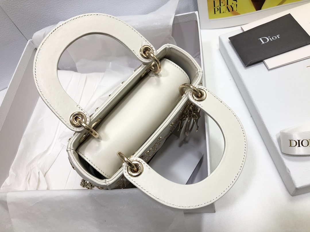 Dior M0505 Mini Dior Lady Bag White Metallic Cannage Lambskin with Beaded Embroidery