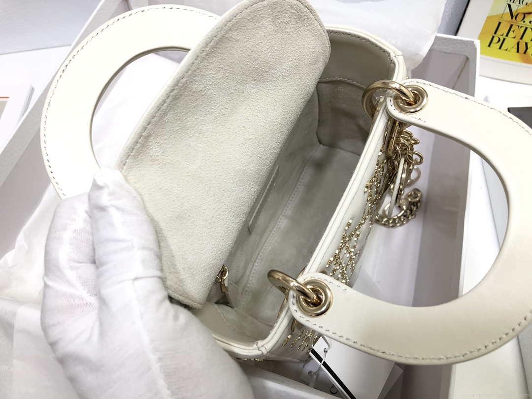 Dior M0505 Mini Dior Lady Bag White Metallic Cannage Lambskin with Beaded Embroidery