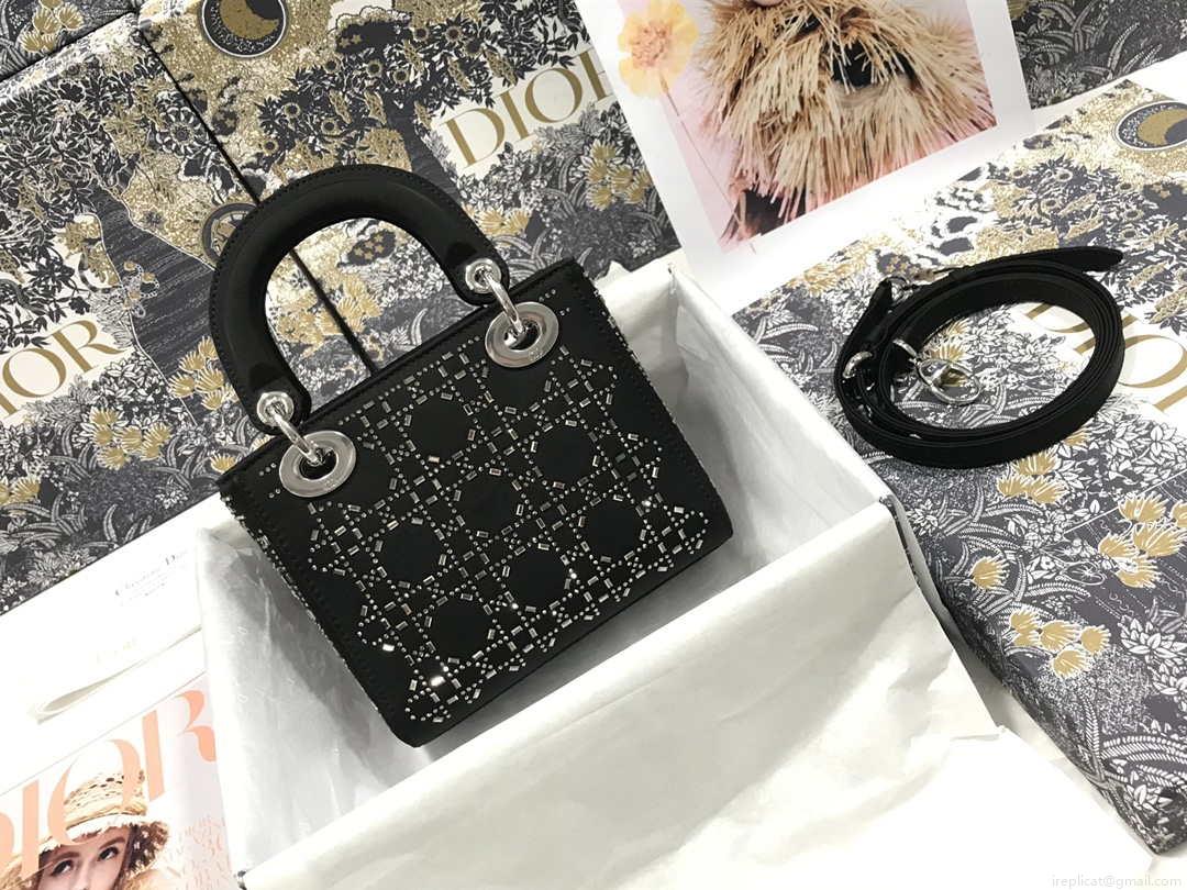 Dior M0505 Mini Dior Lady Bag Black Metallic Cannage Lambskin with Beaded Embroidery