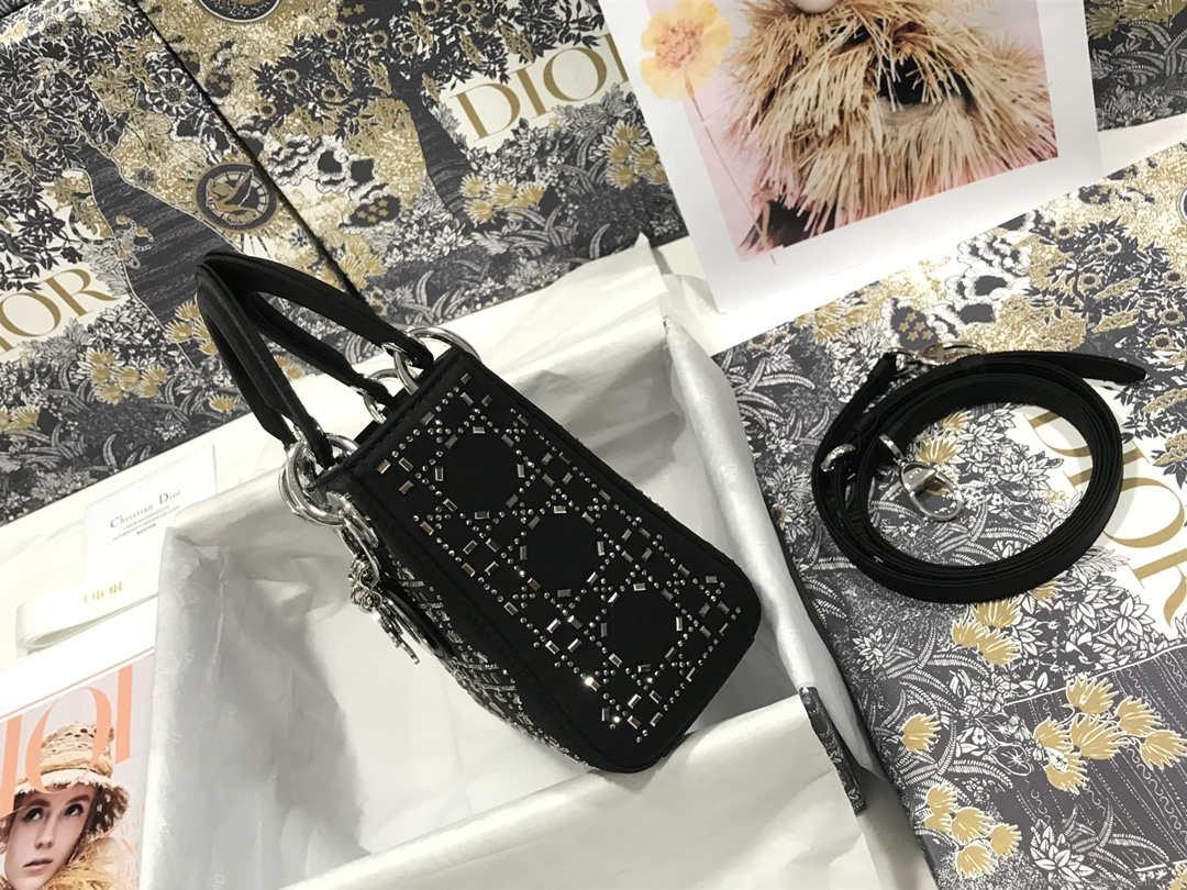 Dior M0505 Mini Dior Lady Bag Black Metallic Cannage Lambskin with Beaded Embroidery
