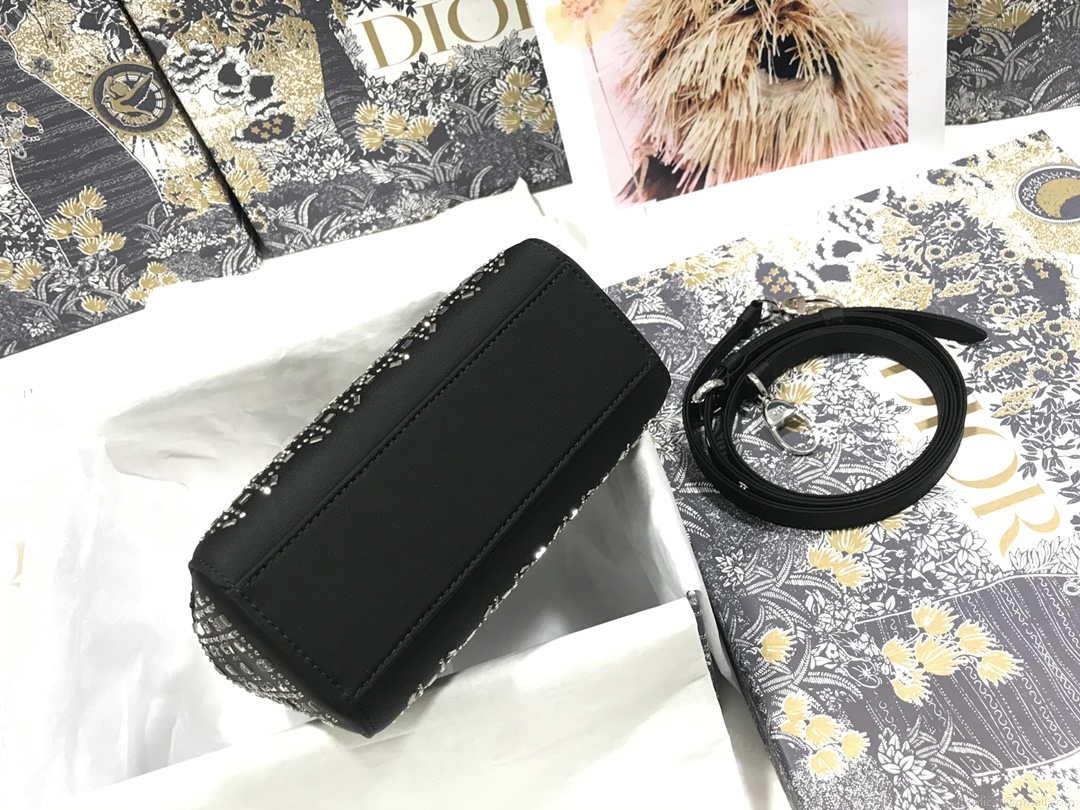 Dior M0505 Mini Dior Lady Bag Black Metallic Cannage Lambskin with Beaded Embroidery