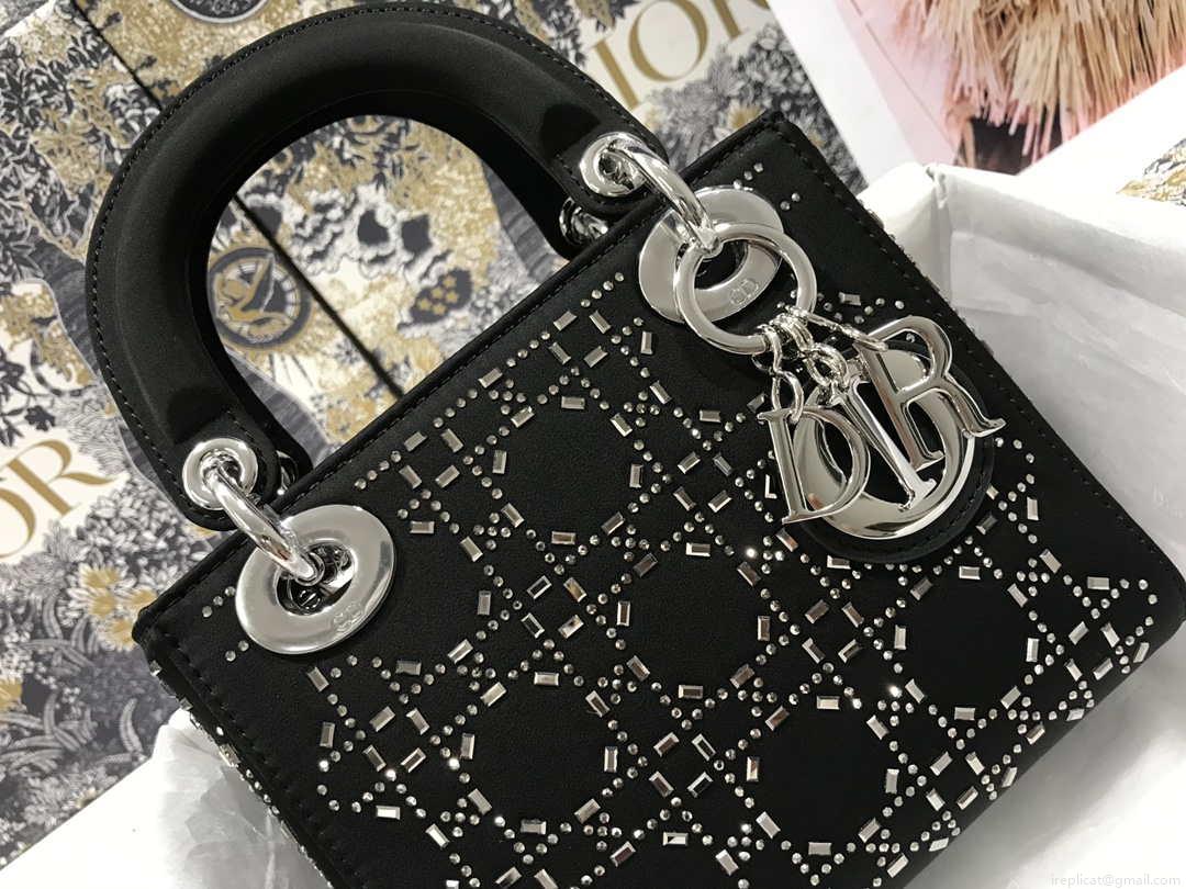 Dior M0505 Mini Dior Lady Bag Black Metallic Cannage Lambskin with Beaded Embroidery