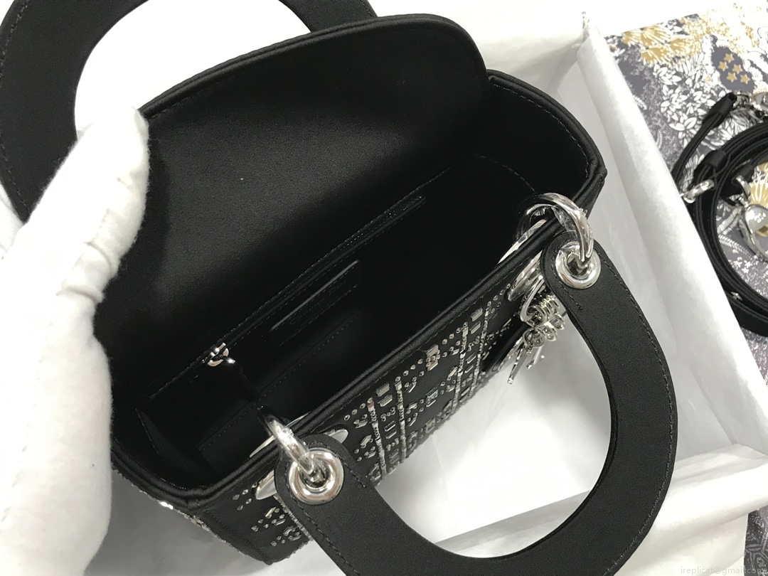 Dior M0505 Mini Dior Lady Bag Black Metallic Cannage Lambskin with Beaded Embroidery
