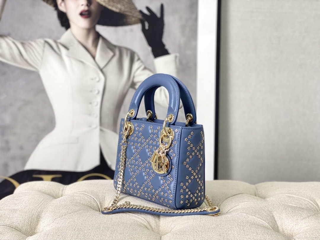 Dior M0505 Mini Dior Lady Bag Blue Metallic Cannage Lambskin with Beaded Embroidery