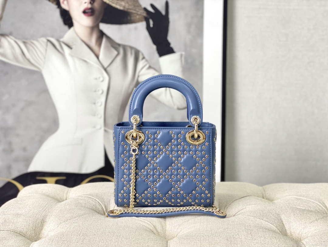 Dior M0505 Mini Dior Lady Bag Blue Metallic Cannage Lambskin with Beaded Embroidery