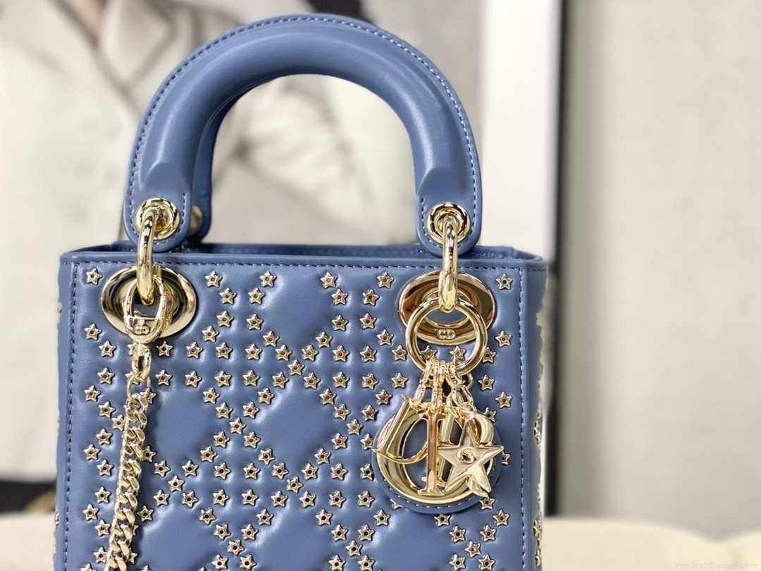 Dior M0505 Mini Dior Lady Bag Blue Metallic Cannage Lambskin with Beaded Embroidery