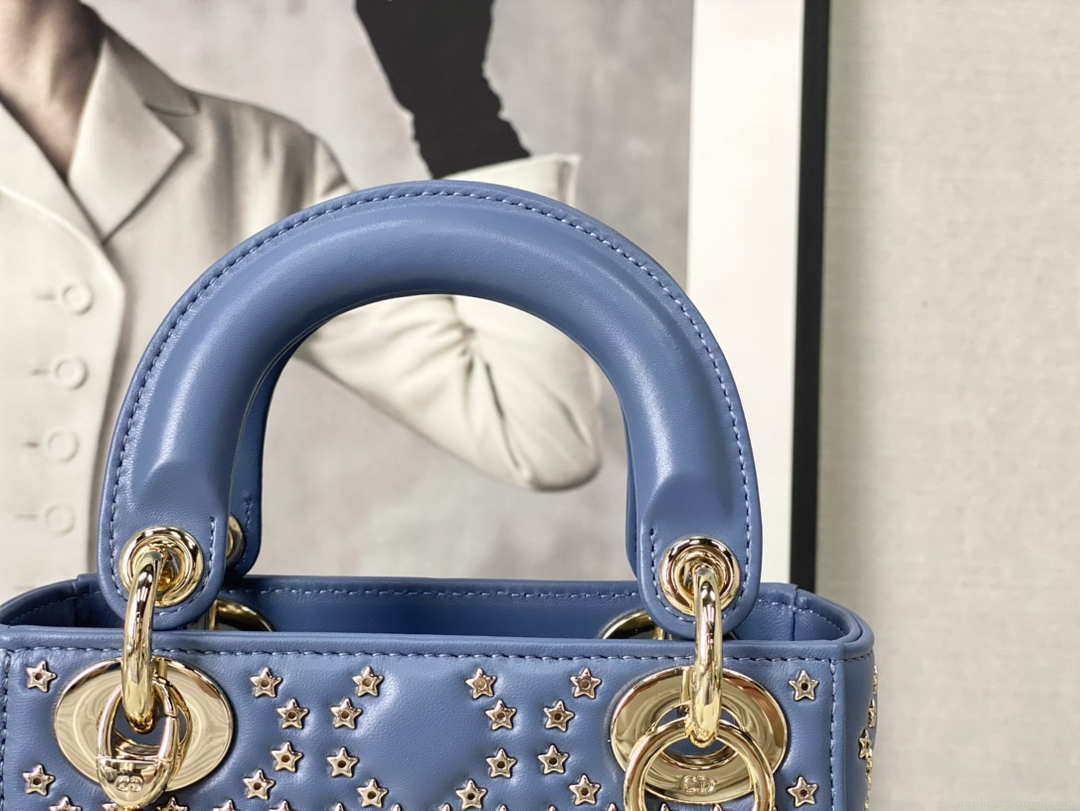 Dior M0505 Mini Dior Lady Bag Blue Metallic Cannage Lambskin with Beaded Embroidery