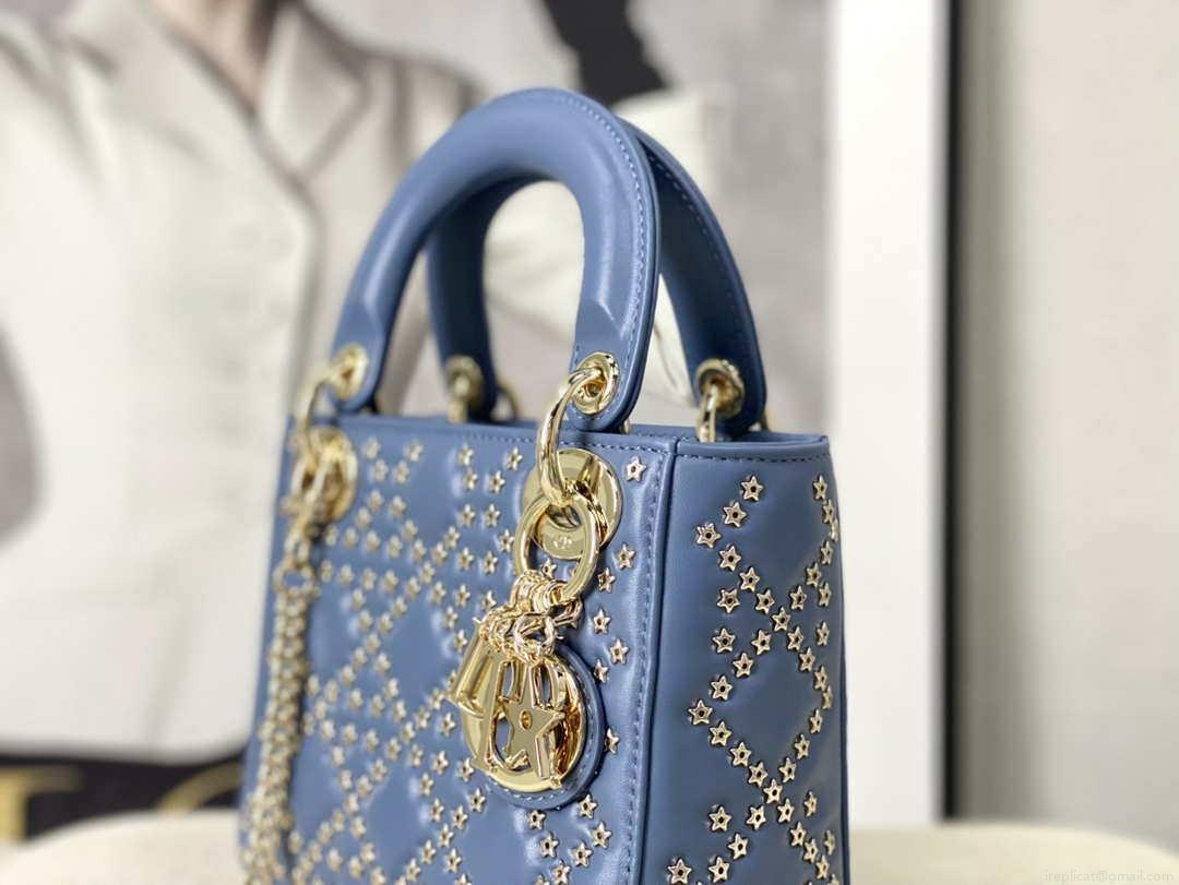 Dior M0505 Mini Dior Lady Bag Blue Metallic Cannage Lambskin with Beaded Embroidery
