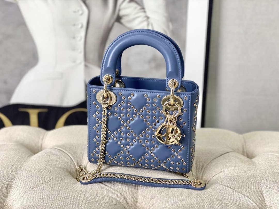 Dior M0505 Mini Dior Lady Bag Blue Metallic Cannage Lambskin with Beaded Embroidery