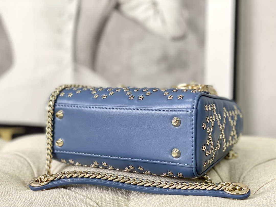 Dior M0505 Mini Dior Lady Bag Blue Metallic Cannage Lambskin with Beaded Embroidery