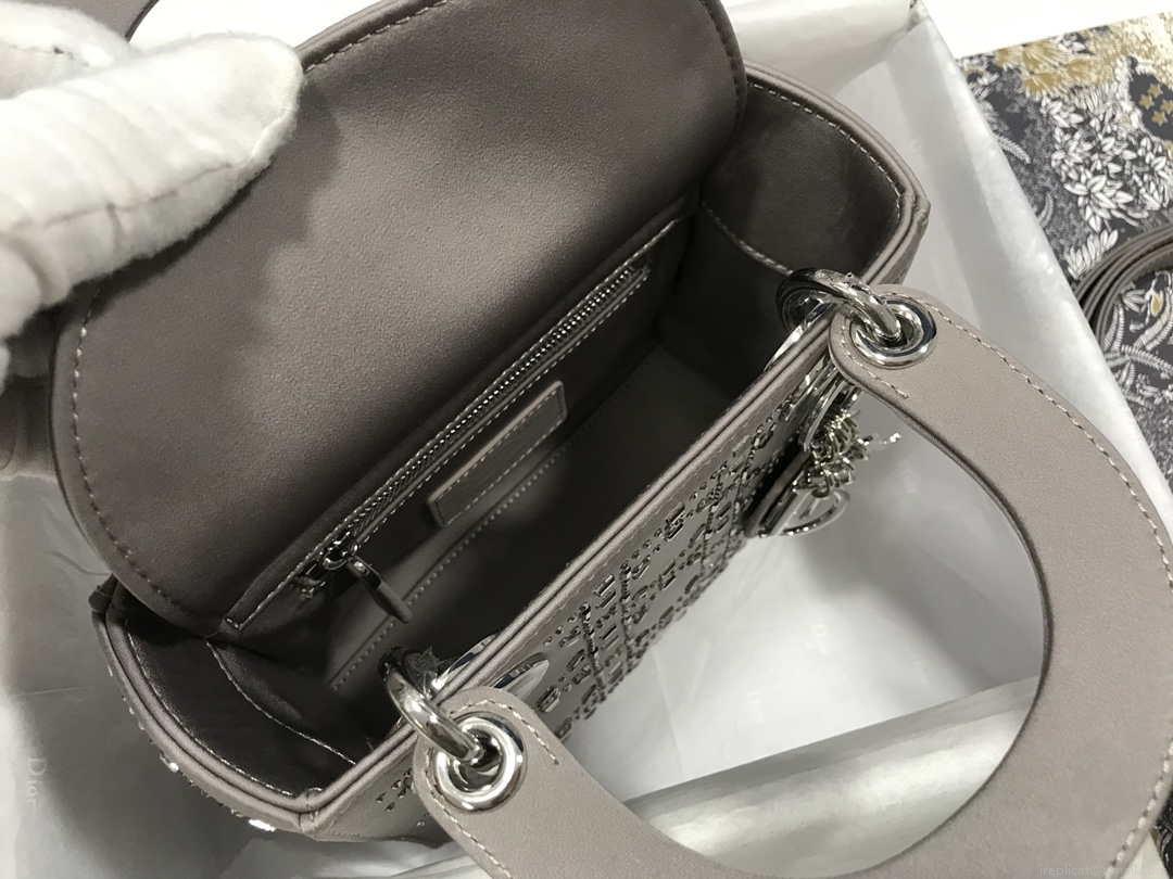 Dior M0505 Mini Dior Lady Bag Gray Metallic Cannage Lambskin with Beaded Embroidery