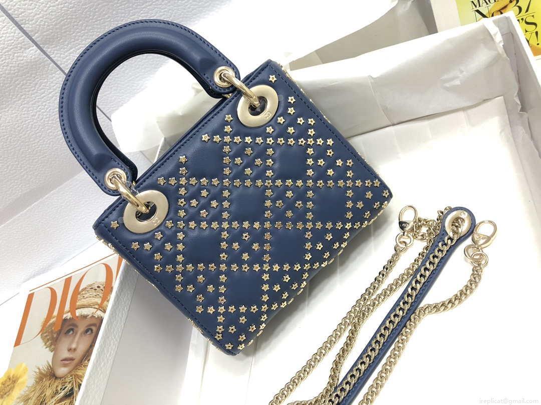 Dior M0505 Mini Dior Lady Bag Navy Blue Metallic Cannage Lambskin with Beaded Embroidery