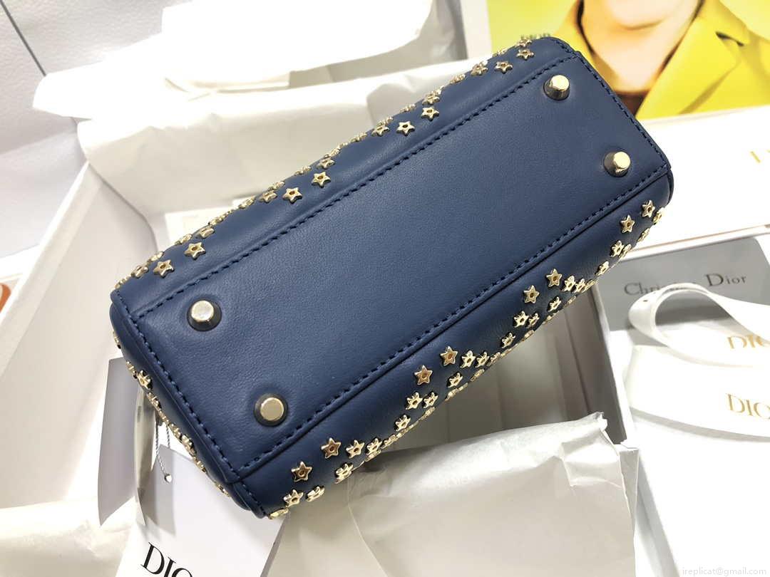Dior M0505 Mini Dior Lady Bag Navy Blue Metallic Cannage Lambskin with Beaded Embroidery
